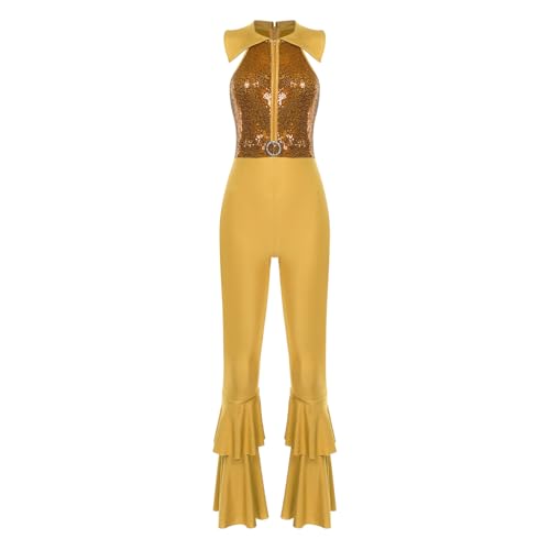 dPois Damen Vintage Disco Kostüm Glitzer Jumpsuit Overall Ärmellos Boot Cut Bodysuit Hippe Jazz Tanz Kostüm Mottoparty Fasching Gold 4XL von dPois