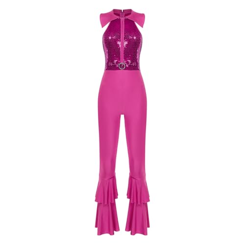 dPois Damen Vintage Disco Kostüm Glitzer Jumpsuit Overall Ärmellos Boot Cut Bodysuit Hippe Jazz Tanz Kostüm Mottoparty Fasching Hot Pink 4XL von dPois