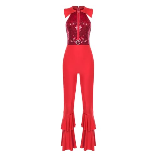 dPois Damen Vintage Disco Kostüm Glitzer Jumpsuit Overall Ärmellos Boot Cut Bodysuit Hippe Jazz Tanz Kostüm Mottoparty Fasching Rot L von dPois