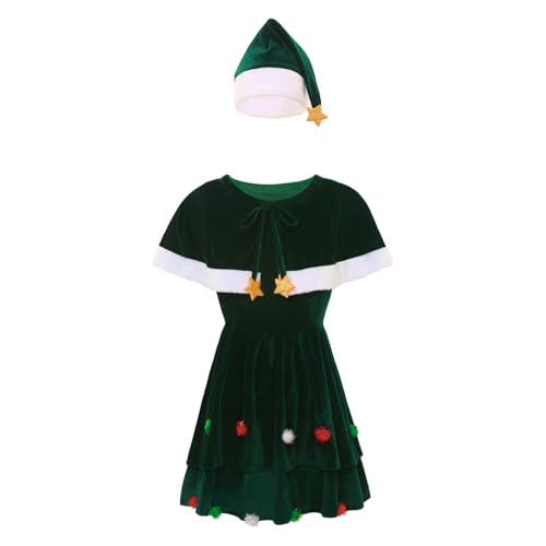 dPois Damen Weihnachtsbaum Kostüm Erwachsene Tannenbaum Kostüm Samt Minikleid mit Mütze Weihnachten Outfit Grün L von dPois