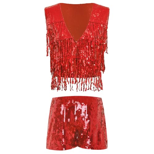 dPois Damen Zweiteiler Disco Kostüm Vintage Pailletten Weste Fransen Jacke Ärmellos mit Shorts Hot Pants Karneval Fasching Silvester Kostüm Rot M von dPois