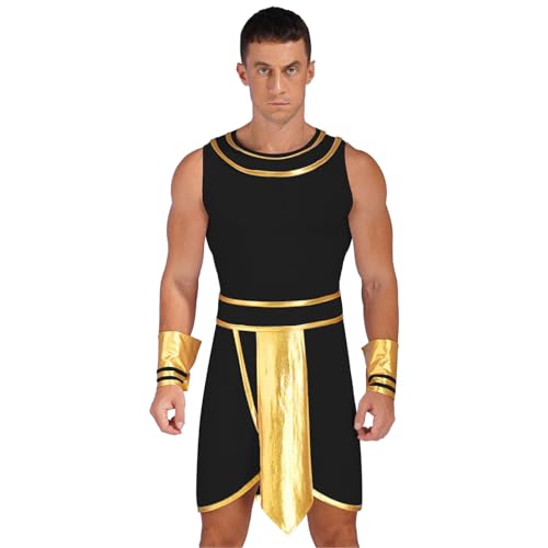 dPois Herren Ägyptischer König Pharao Kostüm Ärmellos Gewand Kleid mit Zubehör Erwachsene Halloween Faschingskostüm A Schwarz 3XL von dPois