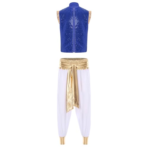 dPois Herren Arabischer Prinz Kostüm Halloween Fasching Rollenspiel Outfit Weste Ärmellos Oberteil mit Haremshose Märchen Kostüm Blau&Weiss XXL von dPois