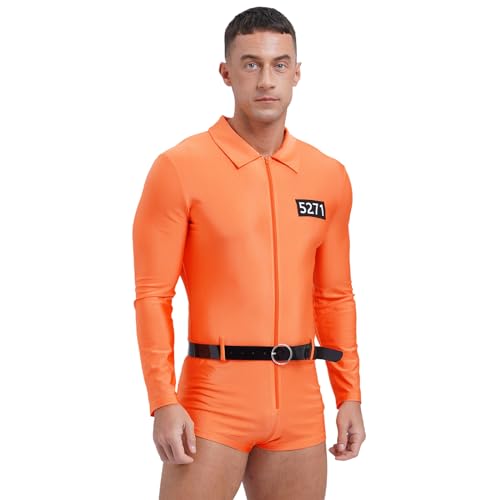 dPois Herren Gefangene Kostüm Sträfling Uniform Cosplay Outfit Bodysuit Kurz Overall Jumpsuit Karneval Fasching Kostüm in Orange Orange XXL von dPois