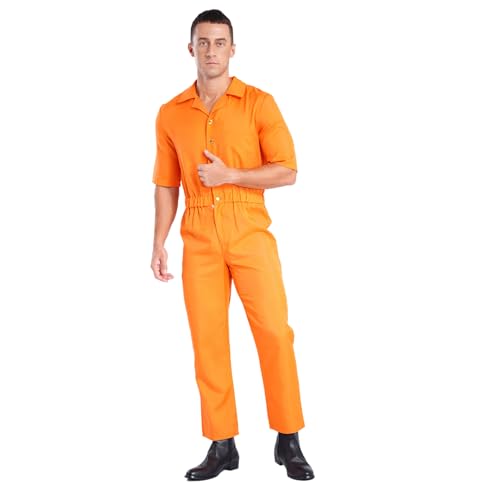 dPois Herren Gefangener Kostüm Orange Overall Lang Jumpsuit Kurzarm Häftling Gefängnis Uniform Halloween Karneval Kostüm Orange L von dPois