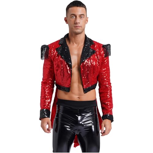 dPois Herren Glitzer Zirkus Ringmaster Kostüm Langarm Frack Jacke Pailletten Tuxedo Mantel Halloween Fasching Mottoparty Kostüm Rot 3XL von dPois