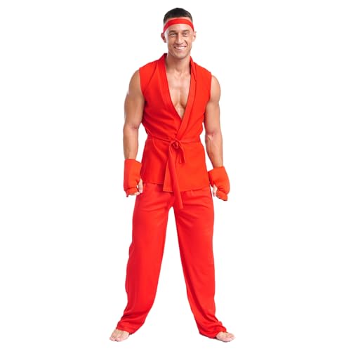 dPois Herren Kickboxer Kämpfer Kostüm Top Hose Strinband mit Handschuhe Gürtel Halloween Fasching Mottoparty Kostüm Komplette Spiel Cosplay Outfit Rot Einheitsgröße von dPois