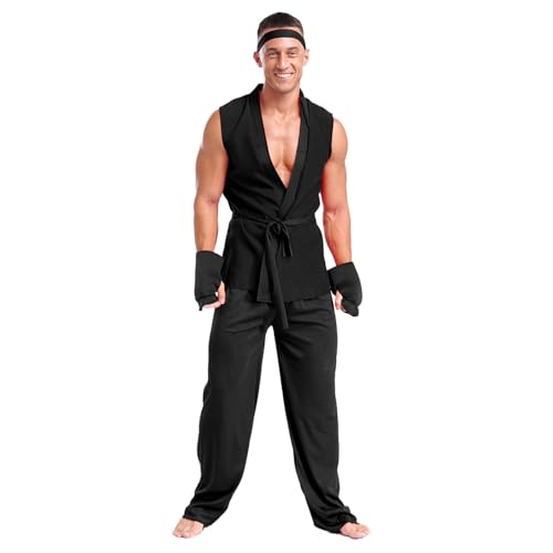 dPois Herren Kickboxer Kämpfer Kostüm Top Hose Strinband mit Handschuhe Gürtel Halloween Fasching Mottoparty Kostüm Komplette Spiel Cosplay Outfit Schwarz Einheitsgröße von dPois