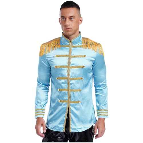 dPois Herren Mittelalter Kleidung Jacke Mantel Lange Satin Jacket mit Reißverschluss Viktorianischen Steampunk Kostüm Hallowenn Fasching Hellblau XL von dPois