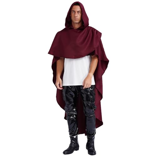 dPois Herren Mittelalter Umhang mit Kapuze Lange Cape Poncho Robe Asymmetrisch Renaissance Wikinger Kostüm Halloween Fasching Kostüm Burgundy M von dPois