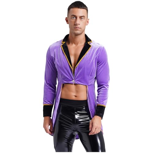 dPois Herren Samt Frack Jacke Smoking Mantel Langarm Gehrock mit Revers Vintage Steampunk Zauberer Zirkus Kostüm Violett 3XL von dPois