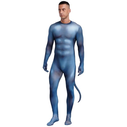 dPois Herren Tier Kostüm Erwachsene Tier Muster Druck Rollenspiel Overall Einteiler Catsuit Slim Fit mit Langem Schwanz Halloween Fasching Kostüm Dunkelblau 3XL von dPois