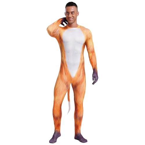 dPois Herren Tier Kostüm Erwachsene Tier Muster Druck Rollenspiel Overall Einteiler Catsuit Slim Fit mit Langem Schwanz Halloween Fasching Kostüm Fuch 3XL von dPois