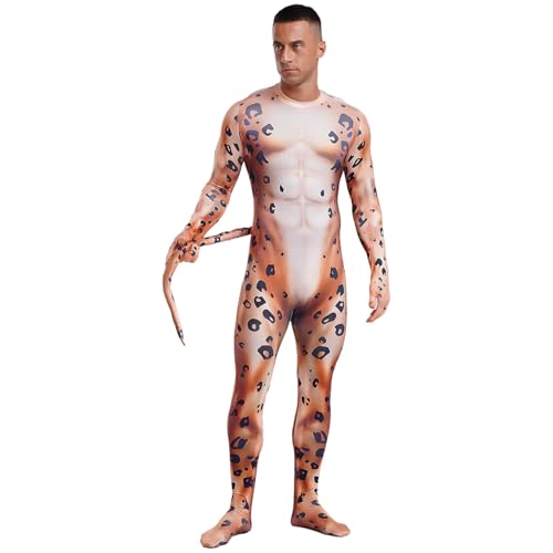 dPois Herren Tier Kostüm Erwachsene Tier Muster Druck Rollenspiel Overall Einteiler Catsuit Slim Fit mit Langem Schwanz Halloween Fasching Kostüm Gepard Druck 3XL von dPois