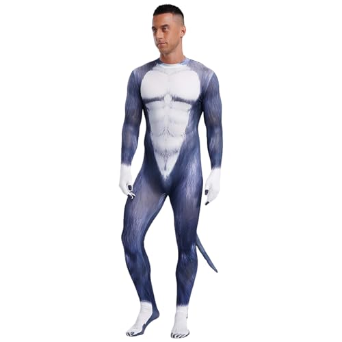 dPois Herren Tier Kostüm Erwachsene Tier Muster Druck Rollenspiel Overall Einteiler Catsuit Slim Fit mit Langem Schwanz Halloween Fasching Kostüm Husky_Grau 3XL von dPois