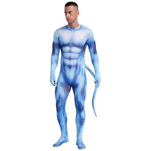 dPois Herren Tier Kostüm Erwachsene Tier Muster Druck Rollenspiel Overall Einteiler Catsuit Slim Fit mit Langem Schwanz Halloween Fasching Kostüm Wolf_Blau M von dPois