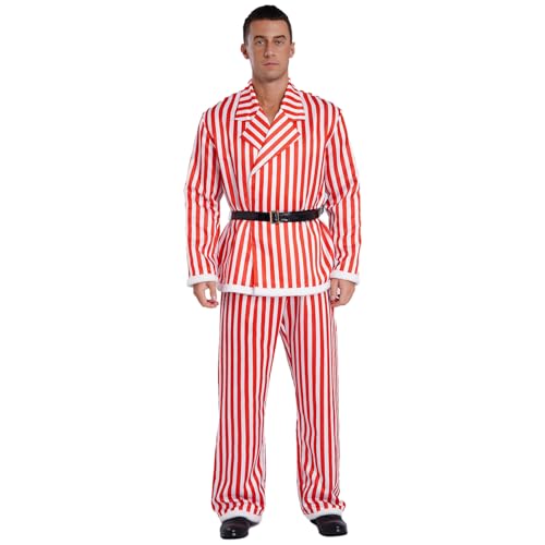 dPois Herren Weihnachtskostüm Weihnachtsmann Rollenspiel Santa Claus Cosplay Outfit Gestrieft Langarm Blazer Hose mit Gürtel Weihnachten Outfit Rot&Weiß XXL von dPois