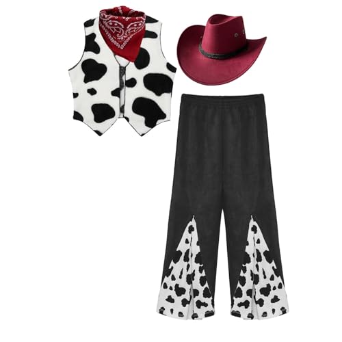 dPois Kinder Cowboy Kostüm Jungen Mädchen Western Cowboy Karneval Verkleidung Komplett Kostüm Cowboyweste Schlaghose mit Hut Halstuch Burgundy 110-116 von dPois