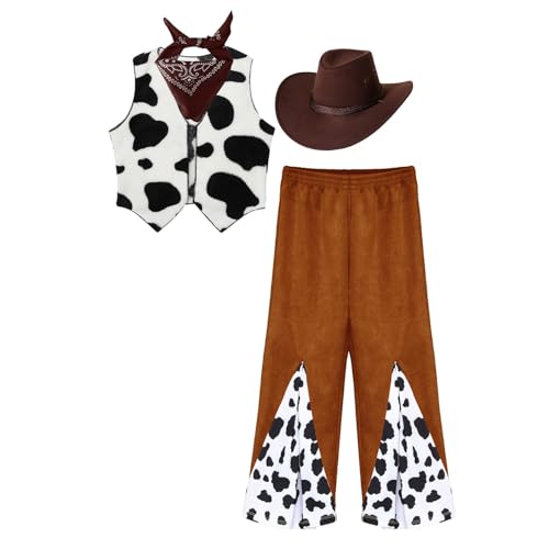 dPois Kinder Cowboy Kostüm Jungen Mädchen Western Cowboy Karneval Verkleidung Komplett Kostüm Cowboyweste Schlaghose mit Hut Halstuch Kaffee 110-116 von dPois