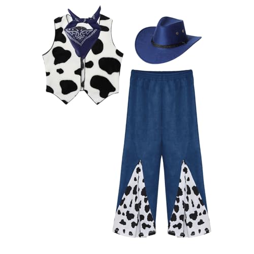 dPois Kinder Cowboy Kostüm Jungen Mädchen Western Cowboy Karneval Verkleidung Komplett Kostüm Cowboyweste Schlaghose mit Hut Halstuch Navy blau 110-116 von dPois