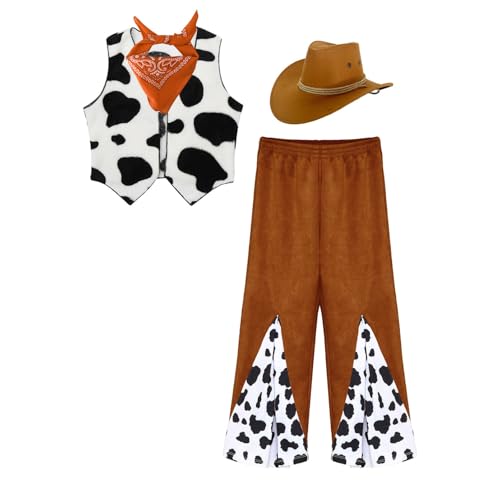 dPois Kinder Cowboy Kostüm Jungen Mädchen Western Cowboy Karneval Verkleidung Komplett Kostüm Cowboyweste Schlaghose mit Hut Halstuch Orange 110-116 von dPois