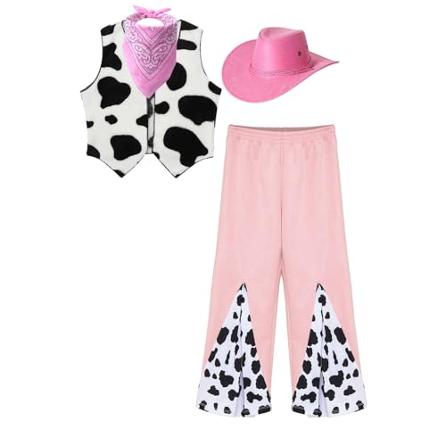 dPois Kinder Cowboy Kostüm Jungen Mädchen Western Cowboy Karneval Verkleidung Komplett Kostüm Cowboyweste Schlaghose mit Hut Halstuch Rosa 110-116 von dPois