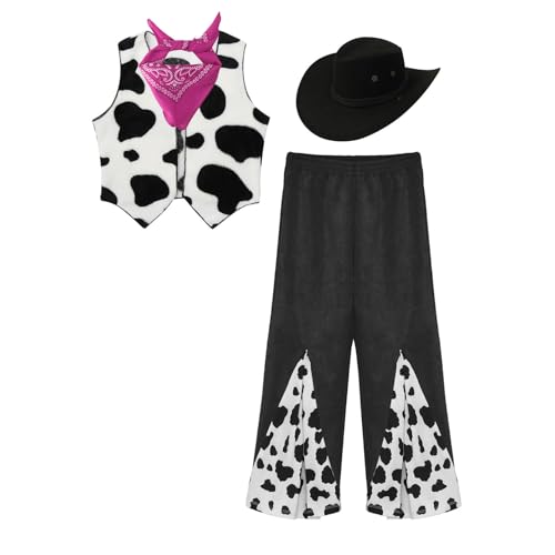 dPois Kinder Cowboy Kostüm Jungen Mädchen Western Cowboy Karneval Verkleidung Komplett Kostüm Cowboyweste Schlaghose mit Hut Halstuch Schwarz 110-116 von dPois