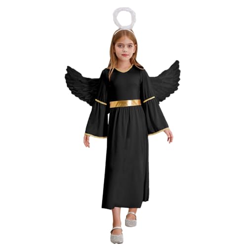 dPois Kinder Mädchen Engel Kostüm Halloween Karneval Rollenspiel Langarm Kleider Maxikleid mit Engelsflügel Heiligenschein Verkleidung Outfit Schwarz 110-116 von dPois