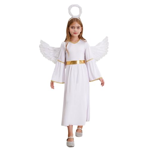 dPois Kinder Mädchen Engel Kostüm Halloween Karneval Rollenspiel Langarm Kleider Maxikleid mit Engelsflügel Heiligenschein Verkleidung Outfit Weiß 110-116 von dPois