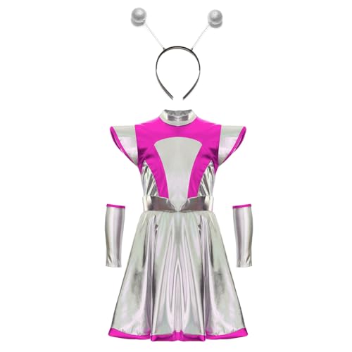 dPois Mädchen Alien Kostüm Sliber Außerirdischer Cosplay Outfit Set Glänzend A-Linie Kleider mit Haarreif Armstulpen Halloween Fasching Kleidung Rosa 110-116 von dPois