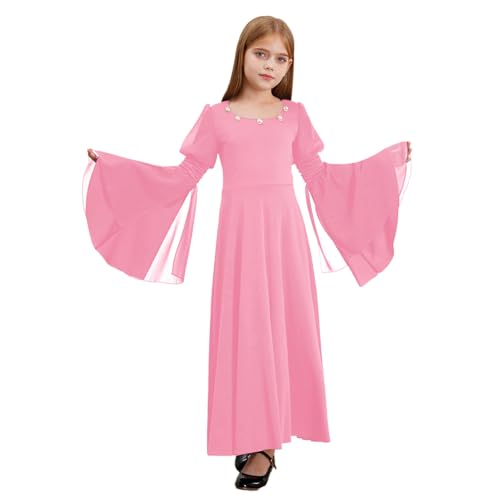 dPois Mädchen Mittelalter Kleid Prinzessin Renaissance Kleider Langarm Maxikleid mit Ausgestellt Ärmeln Fasching Karneval Outfit Rosa 110-116 von dPois