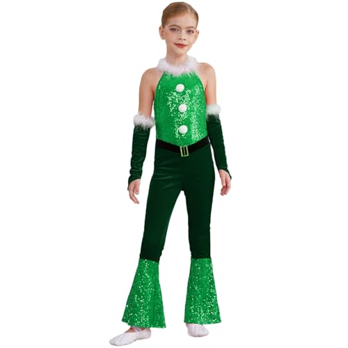 dPois Mädchen Weihnachtsoutfit Glitzer Jumpsuit Einteiler Body Ärmellos Overall mit Armstuplen Kinder Weihnachtsmann Elfen Rollenspiel Outfit Grün 122-128 von dPois