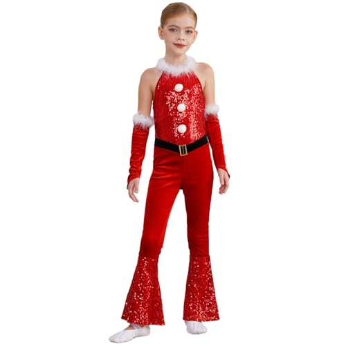 dPois Mädchen Weihnachtsoutfit Glitzer Jumpsuit Einteiler Body Ärmellos Overall mit Armstuplen Kinder Weihnachtsmann Elfen Rollenspiel Outfit Rot 110-116 von dPois