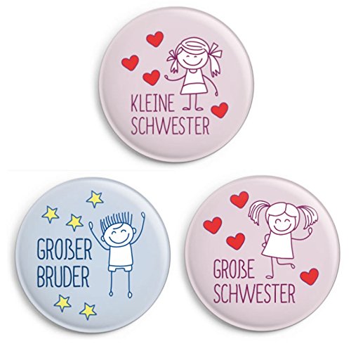 dabelino | Button-Set: 1x Kleine Schwester/ 1x Große Schwester/ 1x Großer Bruder (Ø 32 mm, Anstecker/Pin) von dabelino