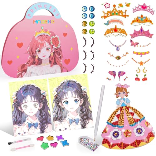 dashfor 3 in 1 Prinzessin Dress Up Spiel Set mit Make Up Spiel auf Papier, Diamant Malerei & Sticker Dress Up, Papier Handwerk Kits für 4 5 6+ Jahr alt Mädchen Geburtstag von dashfor