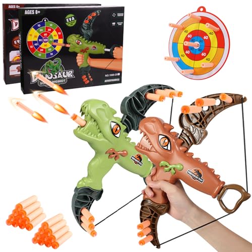 dashfor Dinosaur Soft Slingshot Toy, Pfeil Und Bogen Set für Kinder, Dinosaurier Bogenschießen Set mit 2 Bow Launcher, 20 Saugnapf Schaumstoff Darts, 2 Ziel, Outdoor-Spielzeug 3-8 Jahre von dashfor