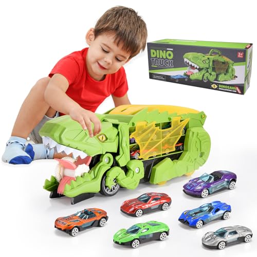 dashfor Dinosaurier Transporter Truck mit 6 Racing Cars, Dinosaurier verschlingende Auto für Jungen Spielzeugautos, tragbare Rennstrecke Truck ab 3+ 4+ 5+ Jahren Kinder Geschenke von dashfor