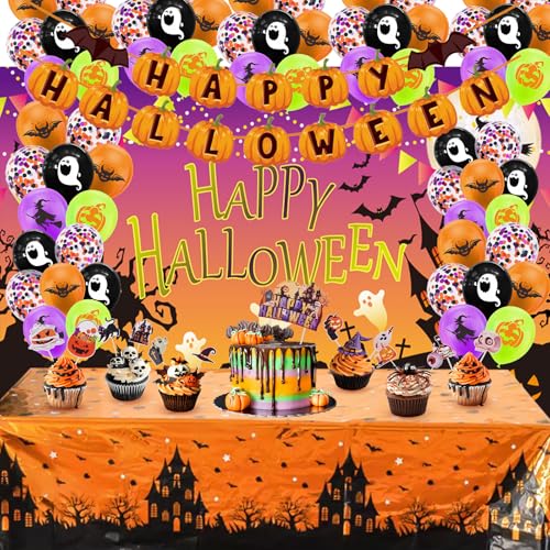 dashfor 47Pcs Halloween Deko, Kinderparty Dekoration Set mit wiederverwendbaren Happy Halloween Hintergrund, Tischdecke, Banner, Luftballons, Cake Toppers, Halloween Dekorationen Indoor/Outdoo von dashfor