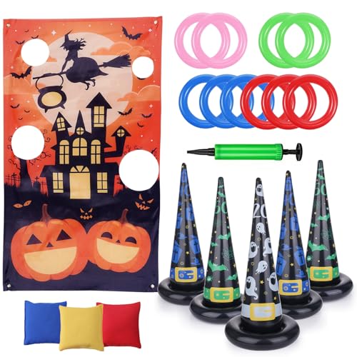 dashfor Halloween Spiele, Halloween Wurfspiele Banner und Ringwurfspiel mit 3 Sitzsäcken, 1 Backdrop Stoff, 5 Hexenhut, 10 Aufblasbarer Ring, Halloween Party Spiele für Kinder Erwachsene von dashfor