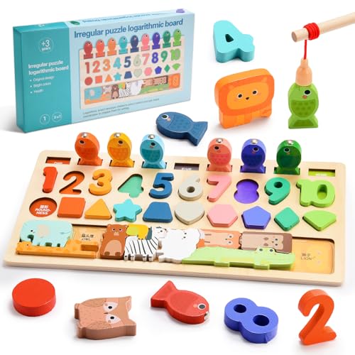 dashfor Holzpuzzle mit Zahlen für Kinder, Montessori-Spielzeug für 1 2 3 4 Kleinkind-Spielzeug mit Fischerei, Form und Tier-Puzzle, Stapeln Matching Zählen Spielzeug, Kinder Geburtstag von dashfor