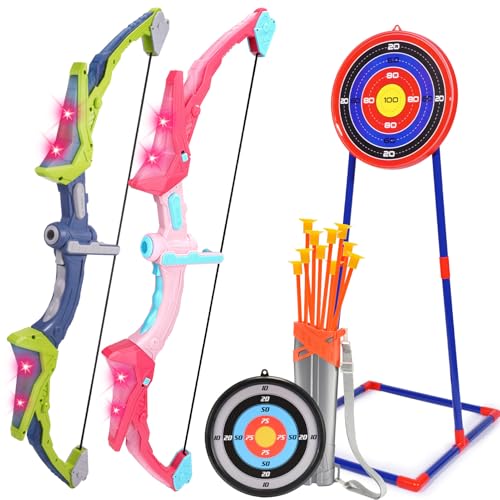 dashfor Pfeil und Bogen Spielzeug für Kinder mit LED Lichtern, 2 Bogen, 2 Zielscheiben, 1 PfeilKöcher und 10 Saugnapf Pfeile, Indoor Outdoor Spielzeug Weihnachts Geschenk für 3-12 Jahre Bow and Arrow von dashfor