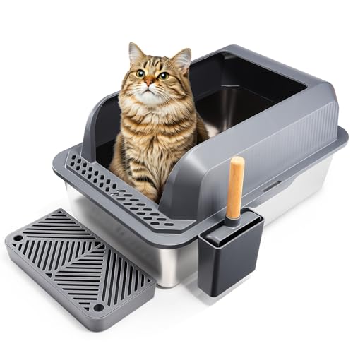 dashfor katzenklo Edelstahl, XXL Extra große Katzentoilette Edelstahl, katzenklo aus Edelstahl 62×42×31 cm mit Deckel Pedal und Spaten, Geeignet für große und mittlere Katzen |Grau,Cat Litter Box von dashfor