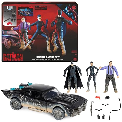 DC Comics Batman The Batman Ultimate Batman Set mit 10cm Actionfiguren von Batman, The Penguin, Selina Kyle, dem Batmobile (Alles in Matsch-Optik) sowie Accessoires zum Batman-Kinofilm von DC Comics