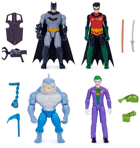 DC Comics, Batman und Robin gegen The Joker und King Shark, 10cm große Action-Figuren, Kinderspielzeug für Jungen und Mädchen von DC Comics