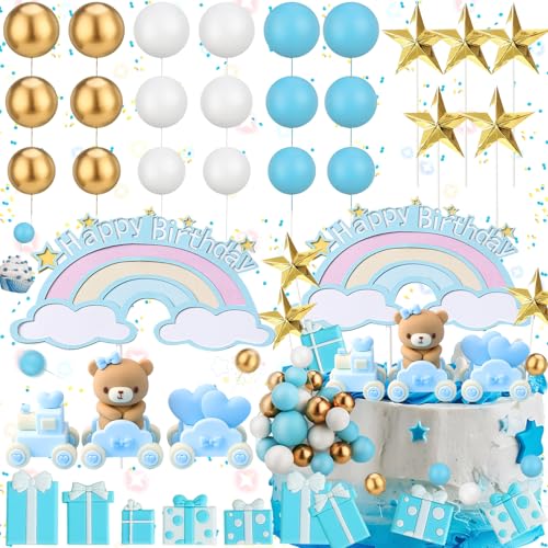 dcas 32 Stücke Blau Teddybär Kuchen Dekoration Set, Blau Zug Teddybär Kuchen Dekoration, Teddybär Kuchen Dekoration Diy, Blauer Bär Kuchen Deko Für Hochzeit Hochzeitstag Geburtstag Babyparty, Unisex von dcas