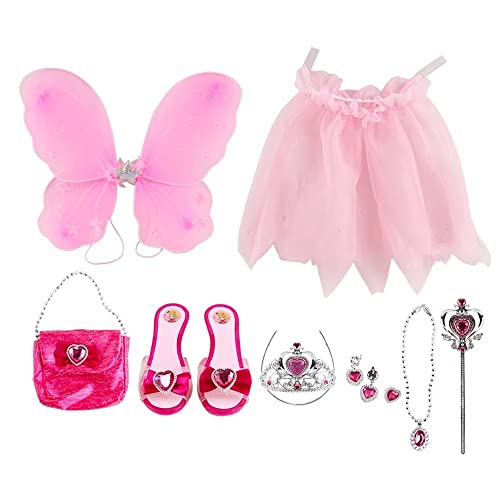 deAO 10 Feenprinzessin-Accessoires mit 1 Paar Schuhen, Tutu, Feenflügeln, Schmuck und kleiner Handtasche und mehr (Rosa) von deAO