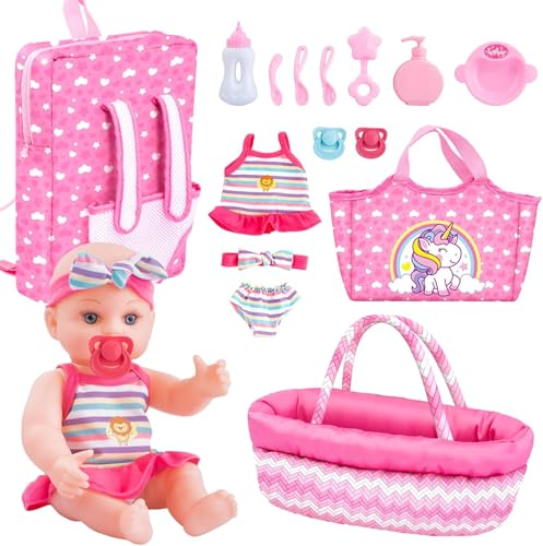 deAO 12”Baby Puppe, Spielpuppe mit Backbag, Handheld-Halterung, Tragbarer Schulranzen, Puppenkleidung, Babypuppe Fütterung und Pflege Set mit Brustwarze Futterflasche für Mädchen Spielzeug Geschenk von deAO