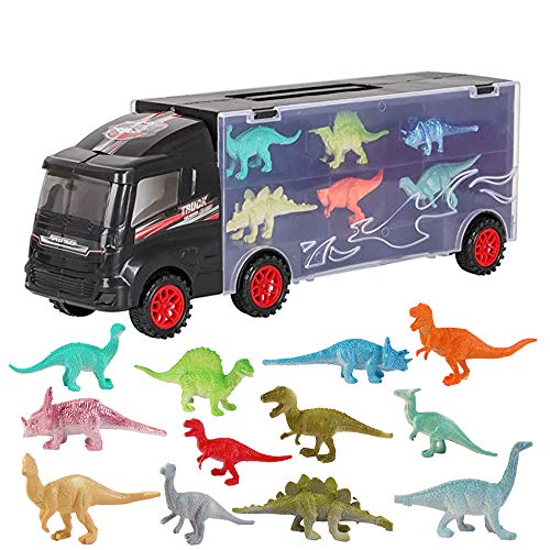 deAO 12-teiliges Dinosaurier-Transporterfahrzeug mit tragbarer Aufbewahrungstasche. Vielzahl von Mini-Dinosaurier-Figuren inklusive von deAO