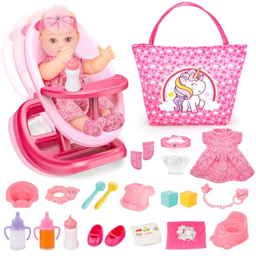 deAO 12inch Babypuppe Spielset, 20-teiliges Baby Puppe Set Babypuppe Rollenspielset 2 in 1 Babydoll-Spielset mit Babypuppe, Schaukelstuhl, Fütterungszubehör, Puppenflasche,Schnuller, Windeln von deAO