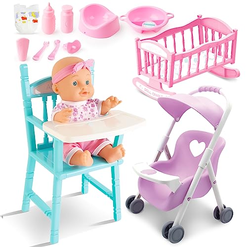 deAO 13-teiliges Baby Puppen Set, 11 Zoll Spielpuppe mit Puppenwagen, Puppenbett, Hochstuhl, Baby Puppe Kleidung, Baby Puppe Zubehör Spielset Geschenk für Mädchen Jungen von deAO